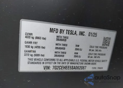 2025 Tesla Cybertruck Cyberbeast z USA, uszkodzony, nr VIN 7G2CEHEE5SA062087